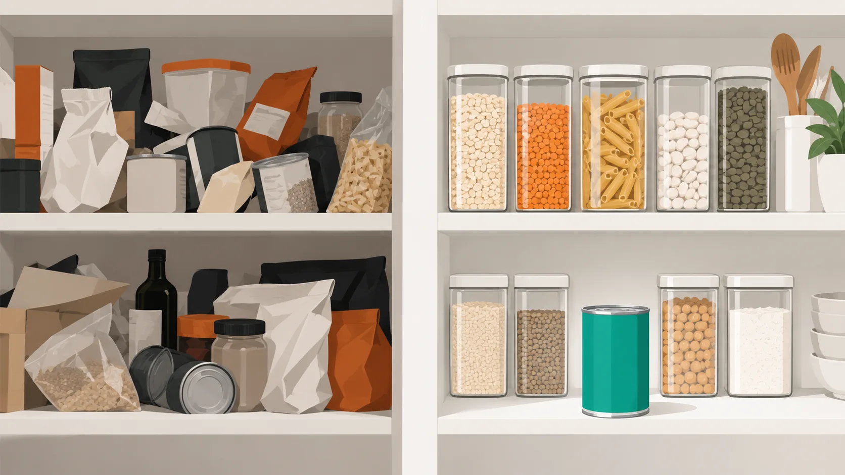 Comparison of a deep pantry shelf showing cluttered back items versus organized front-to-back layout