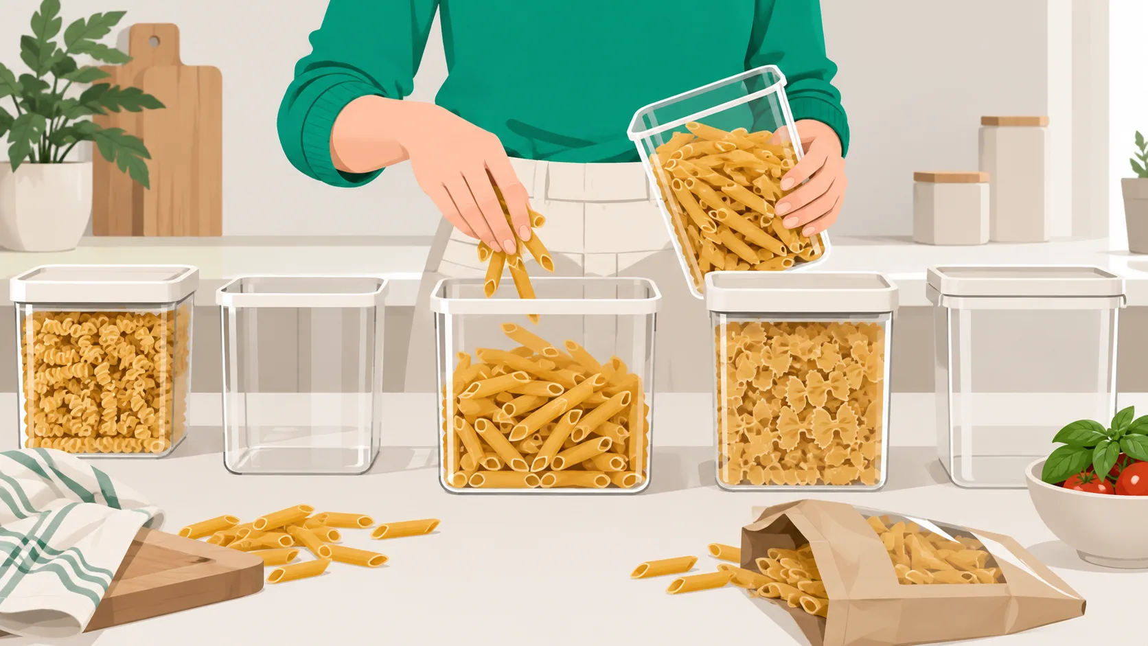 Pantry items being sorted into storage bins and containers during a reorganization project