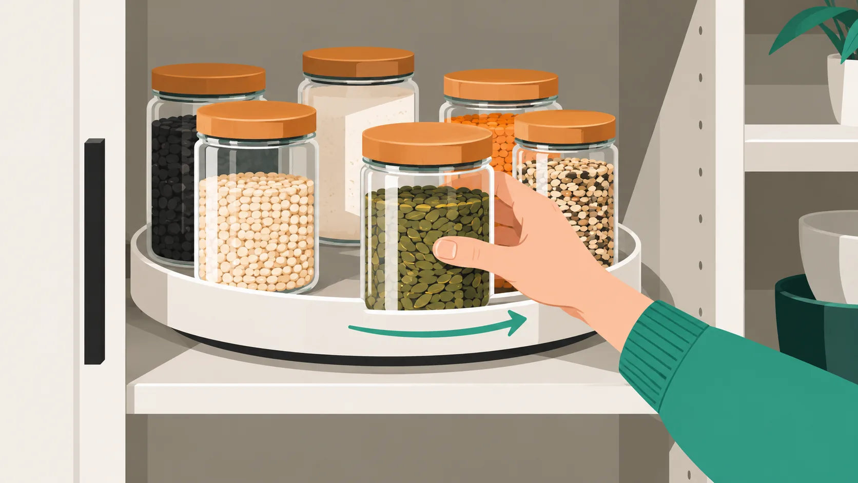 A rotating turntable organizer on a deep pantry shelf making items accessible without reaching