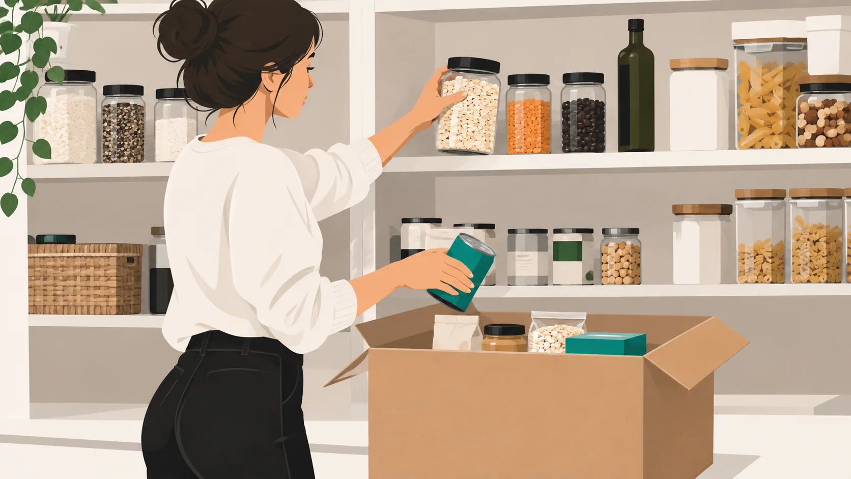 Starting a deep pantry transformation by clearing one shelf at a time into a collection box