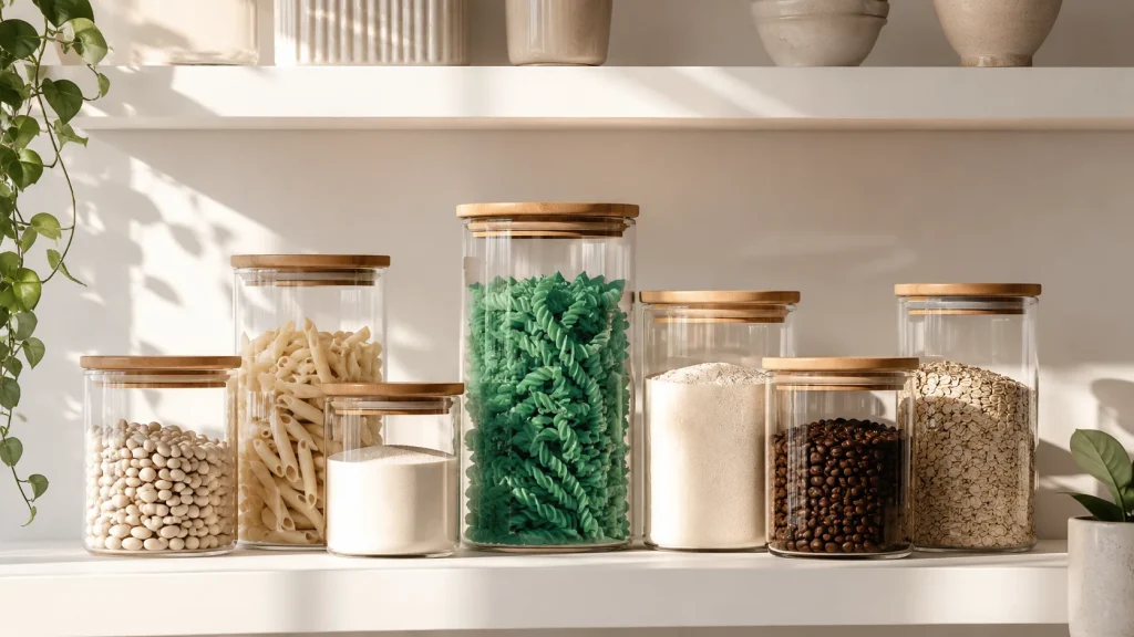 Organized glass pantry with clear jars and practical storage
