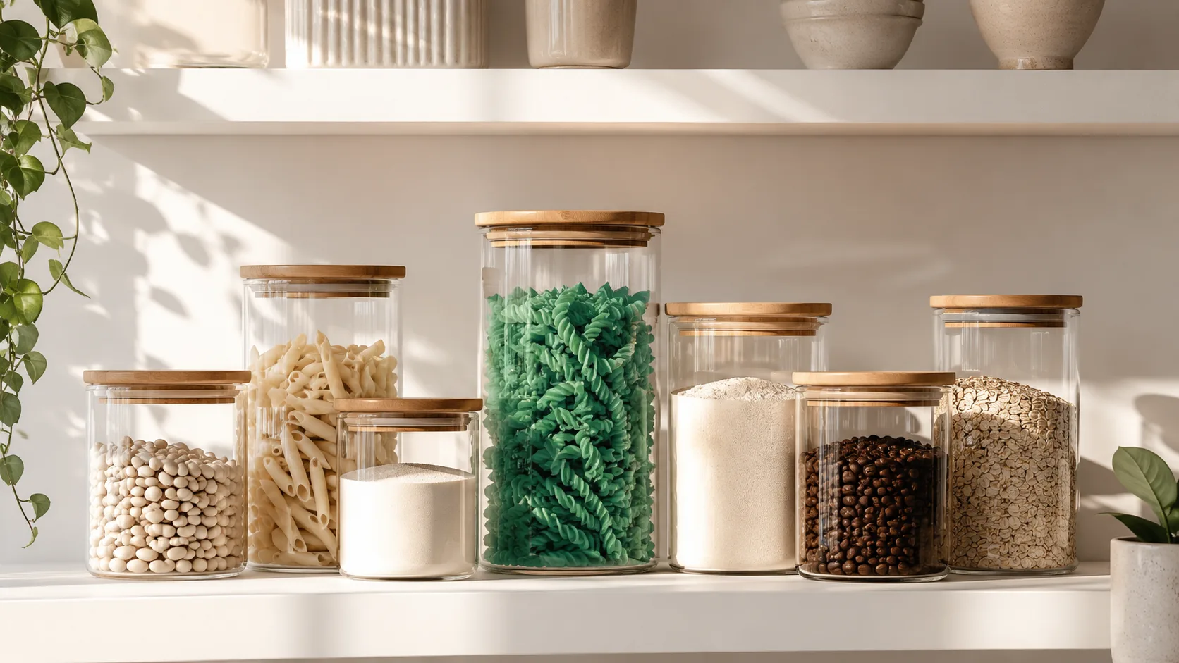 Organized glass pantry with clear jars and practical storage