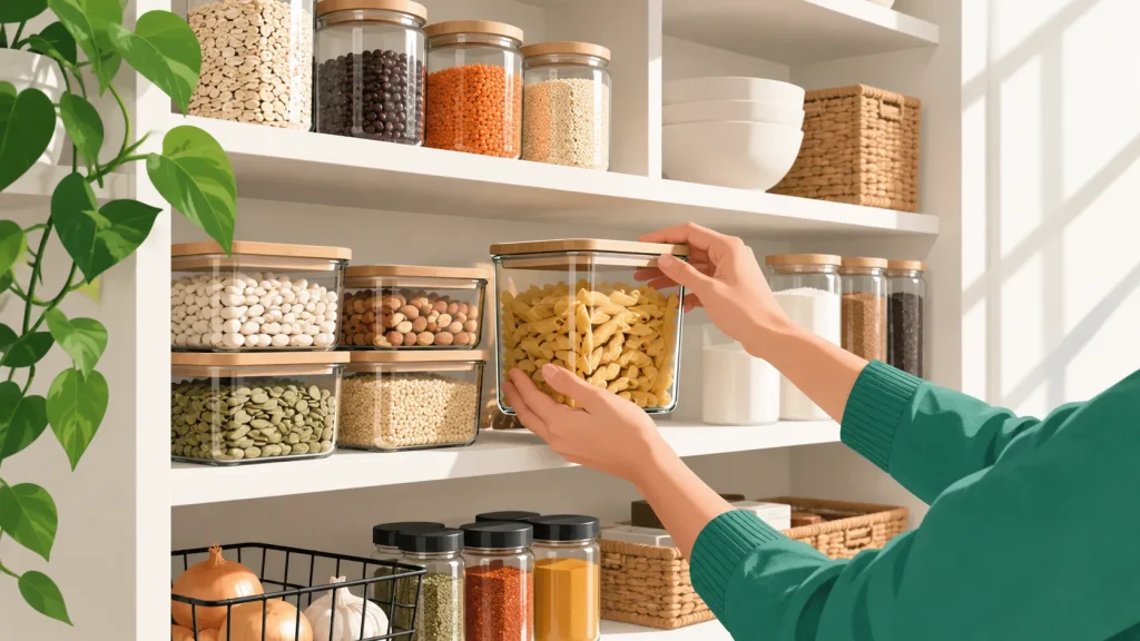 Organized pantry shelves with labeled containers and storage bins