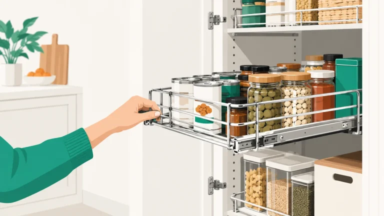 Pull-out pantry shelves and drawers for organized kitchen storage