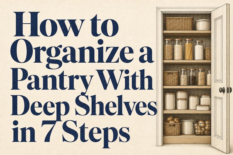 Organized deep pantry shelves with labeled storage