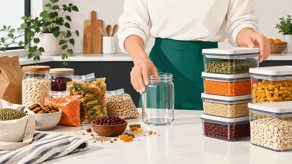 Pantry organization categories arranged in labeled pantry zones