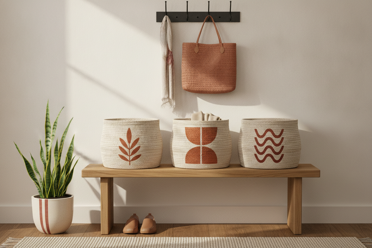 A tidy small entryway with sorting baskets and hooks