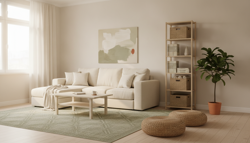 A bright, calm small living room with organized storage
