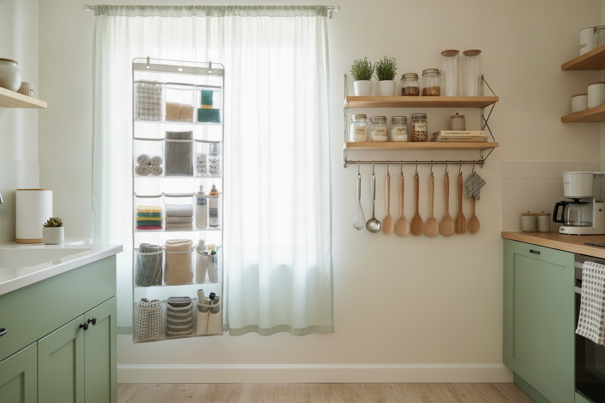 Rental-friendly vertical storage in a small kitchen